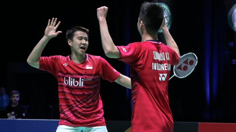 Ekspresi Kevin Sanjaya Sukamuljo/Marcus Fernaldi Gideon usai meraih gelar juara All England 2017. - INDOSPORT