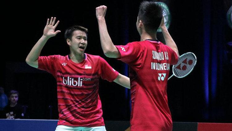 Aksi selebrasi Marcus Fernaldi Gideon/Kevin Sanjaya Sukamuljo. - INDOSPORT