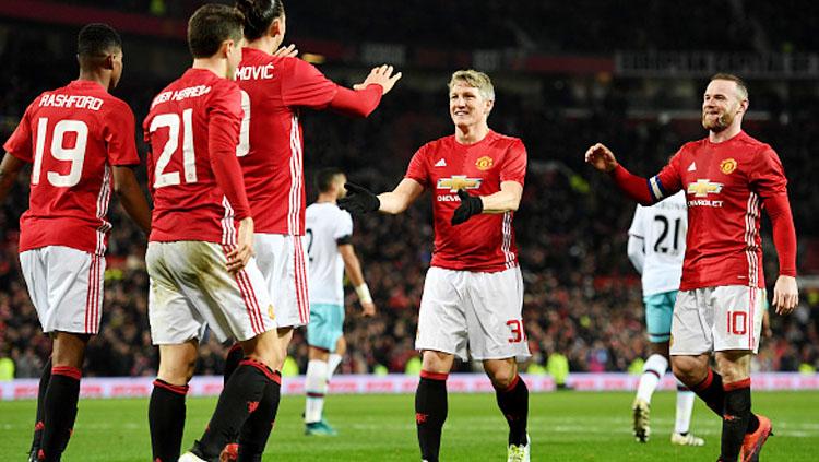 Selebrasi pemain Manchester United saat melawan West Ham United di Stadion Old Trafford. - INDOSPORT