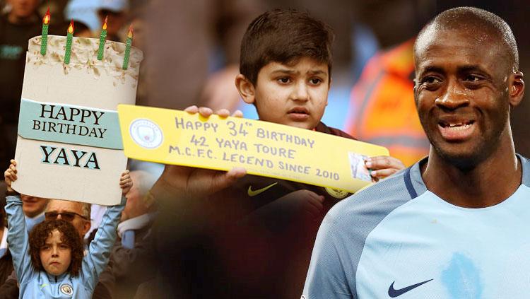 Yaya Toure mendapat poster ucapan selamat ulang tahun dari fans cilik. - INDOSPORT