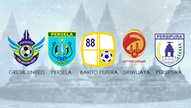 Logo Gresik United, Persala Lamongan, Sriwijaya FC, Barito Putera, dan Persipura Jayapura. - INDOSPORT