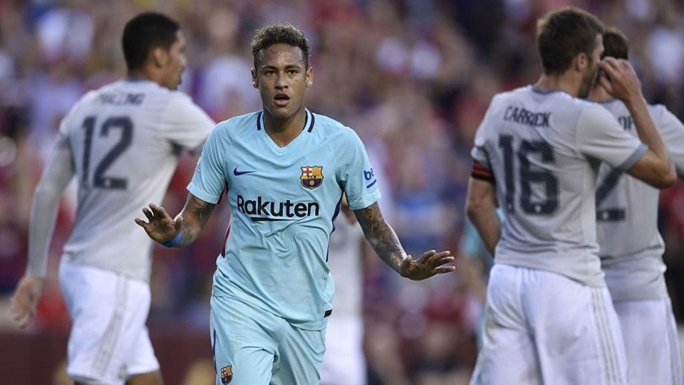 Selebrasi Neymar (Barcelona) setelah menjebol gawang Manchester United dalam pertandingan International Champions Cup (ICC) di Landover, Maryland. - INDOSPORT