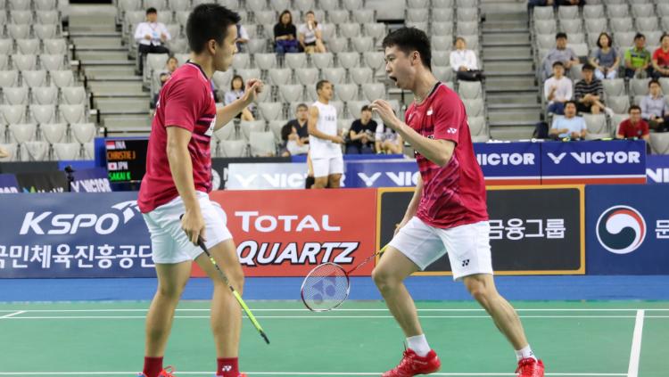 Kevin Sanjaya Sukamuljo/Marcus Fernaldi Gideon selebrasi. - INDOSPORT