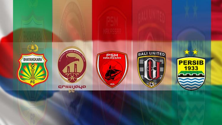 Indosport - Logo Bhayangkara FC, Sriwijaya FC, PSM Makassar, Bali United, dan Persib Bandung.