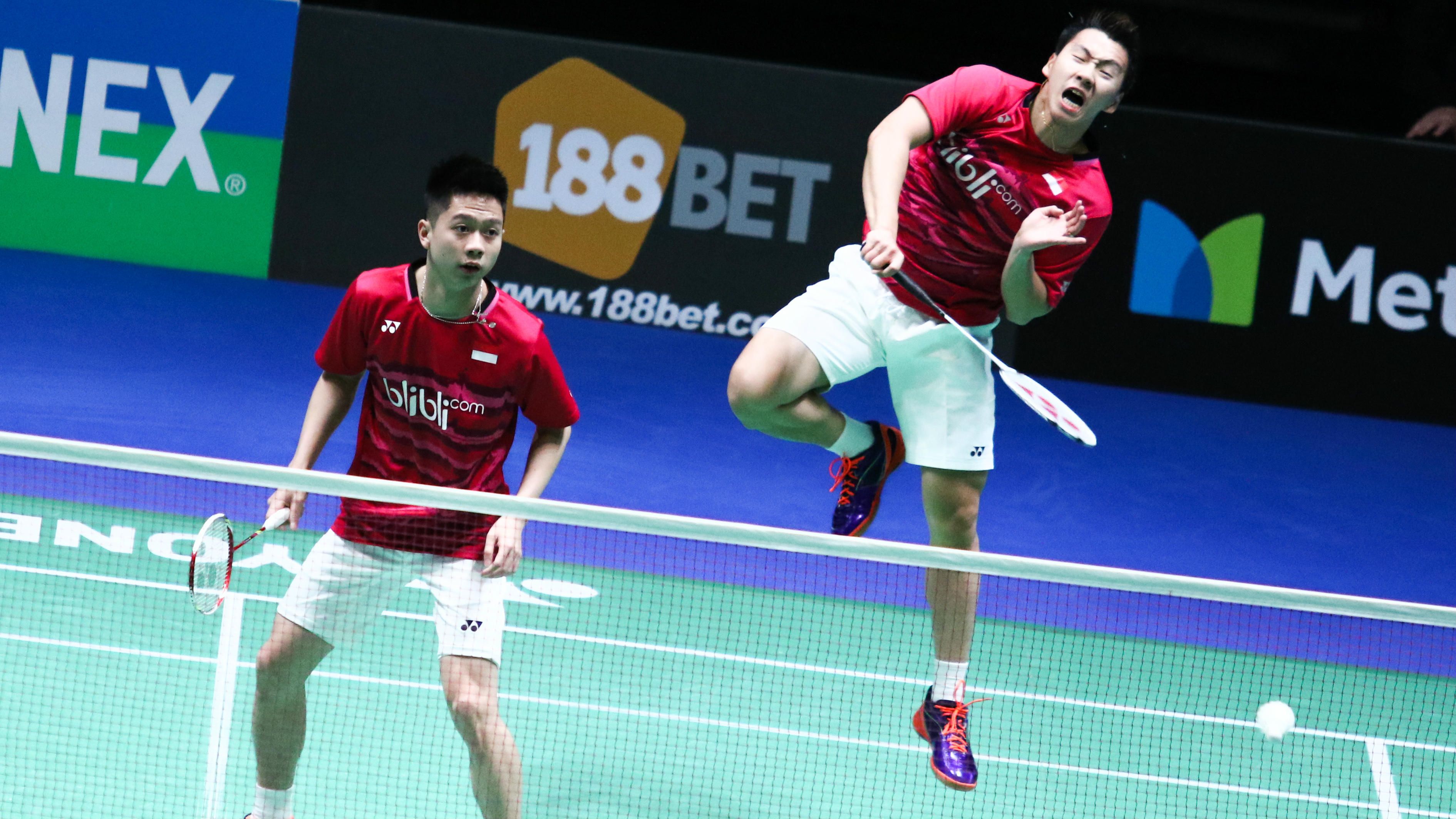 Aksi Kevin Sanjaya Sukamuljo/Marcus Fernaldi Gideon di All England Open 2017 Copyright: Humas PP PBSI