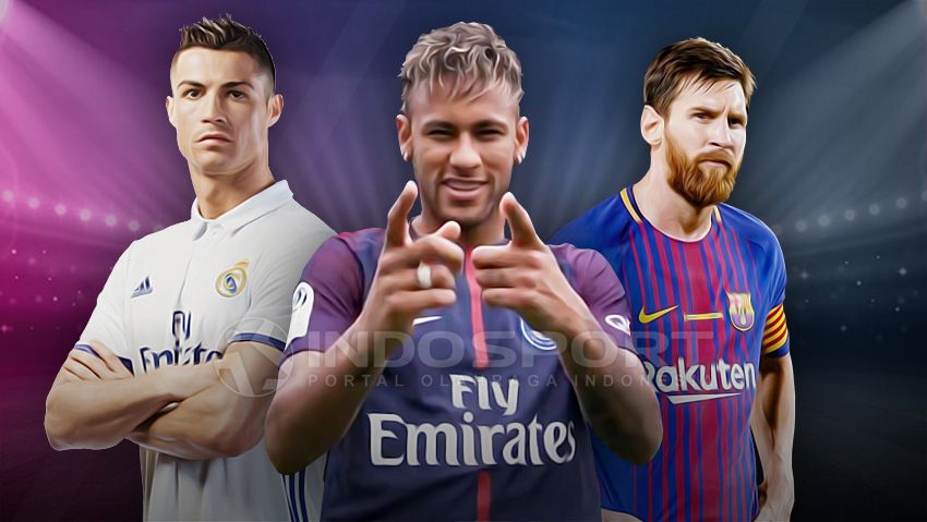 Cristiano Ronaldo, Neymar, dan Lionel Messi. Copyright: © GrafisYanto/Indosport.com