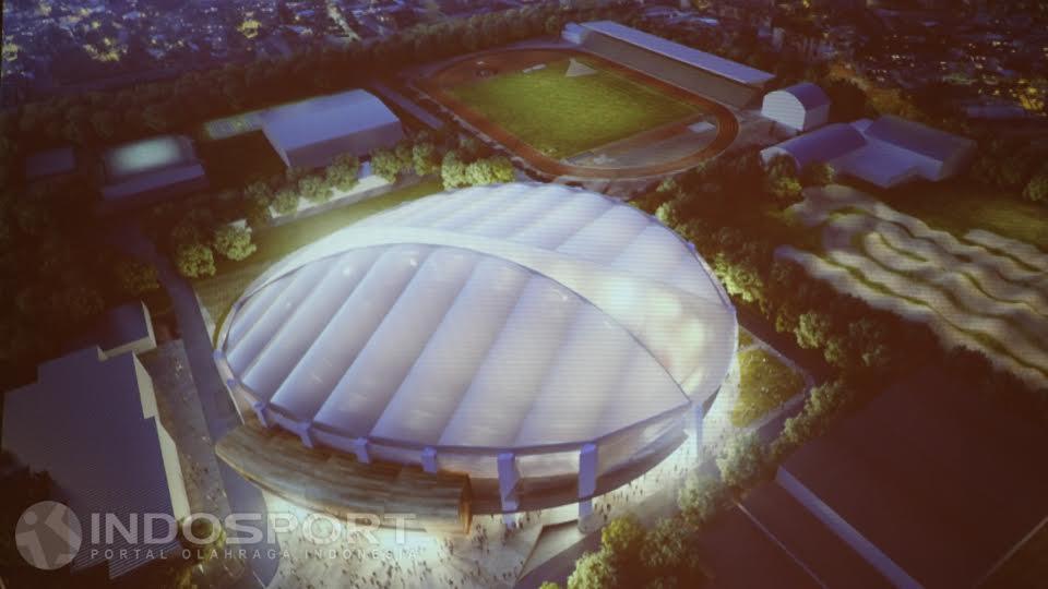 Gambaran Design Velodrome Rawamangun dari tampak luar yang berkonsep indoor.