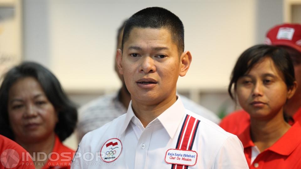 Chief de Mission Raja Sapta Okto memberikan sambutan di acara pelepasan kontingen Olimpiade Indonesia. - INDOSPORT