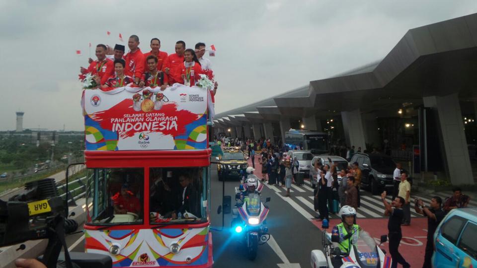 Penyambutan dan Parade Pahlawan Olimpiade 2016 di Bandara Soekarno-Hatta, Selasa (23/08/16).