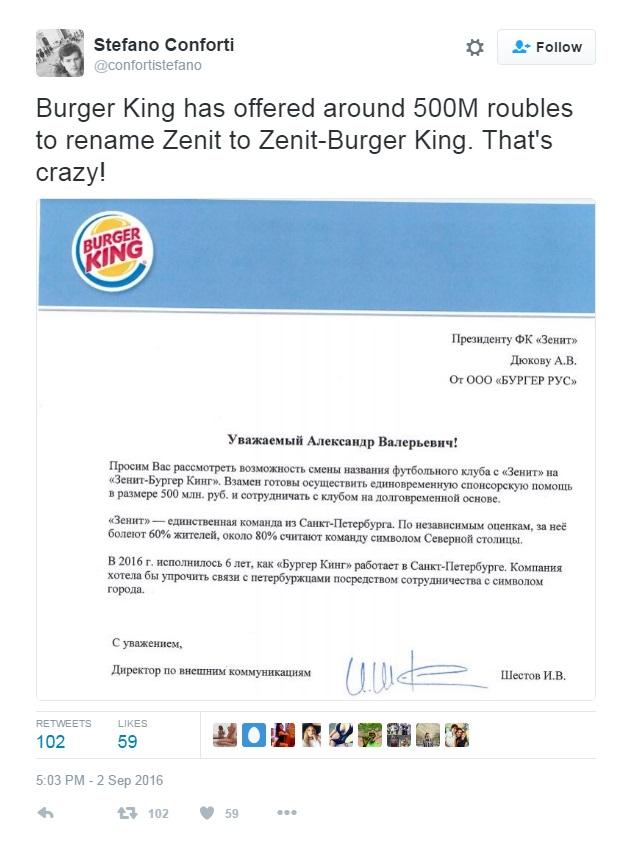 Tawarkan Uang Sponsor Burger King Minta Klub Rusia Ganti Nama Tawarkan Uang Sponsor Burger King Minta Klub Rusia Ganti Nama
