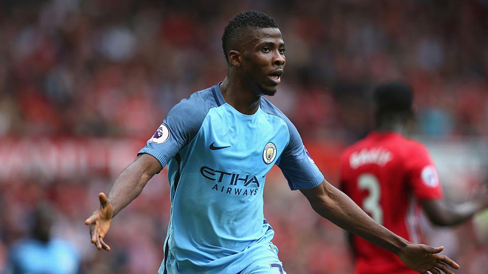 Penyerang Manchester City, Kelechi Iheanacho melakukan selebrasi usai mencetak gol ke gawang Man United. Copyright: INTERNET