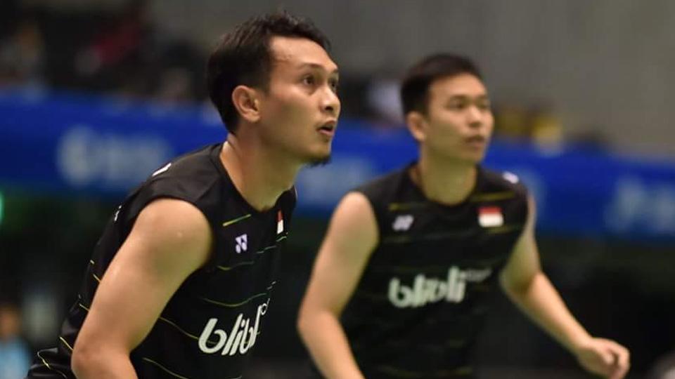 Perwakilan pasangan Indonesia Hendra Setiawan/Mohammad Ahsan di Japan Super Series. Copyright: INTERNET