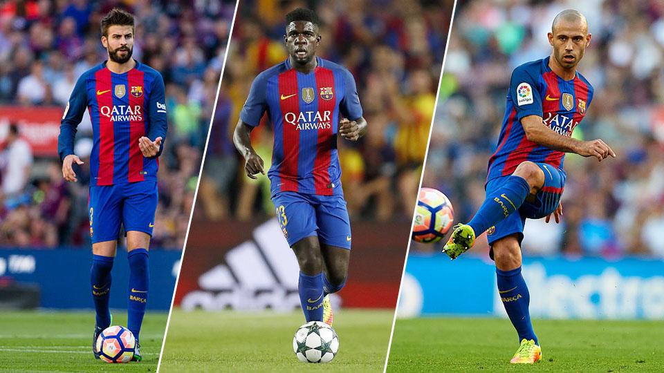 kiri-kanan: Gerard Pique, Samuel Umtiti dan Javier Mascherano. Copyright: INTERNET