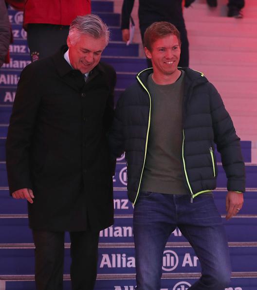 Pelatih Bayern Munchen, Carlo Ancelotti (kiri) dan Julian Nagelsmann, pelatih Hoffenheim. Copyright: Internet