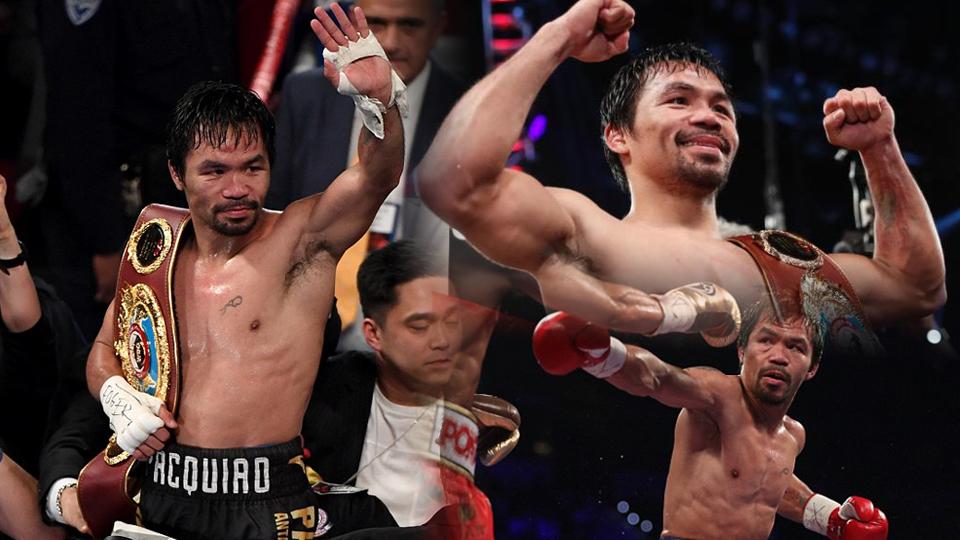 Manny Pacquiao menjadi juara dunia baru pada kelas welterweight WBO, usai mengalahkan Jessie Vargas di Las Vegas. Copyright: INTERNET/INDOSPORT