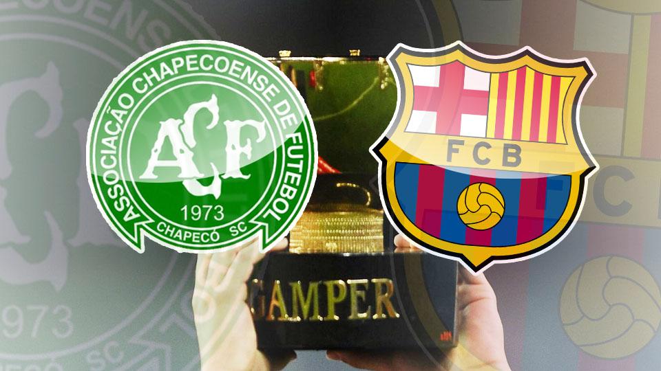 Logo Barcelona, Chapecoense, dan Trofi Joan Gamper.