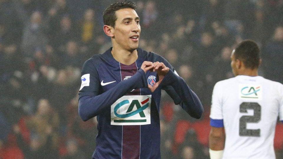 Selebrasi Angel di Maria pada laga saat melawan Bastia. Copyright: Twitter/PSG English