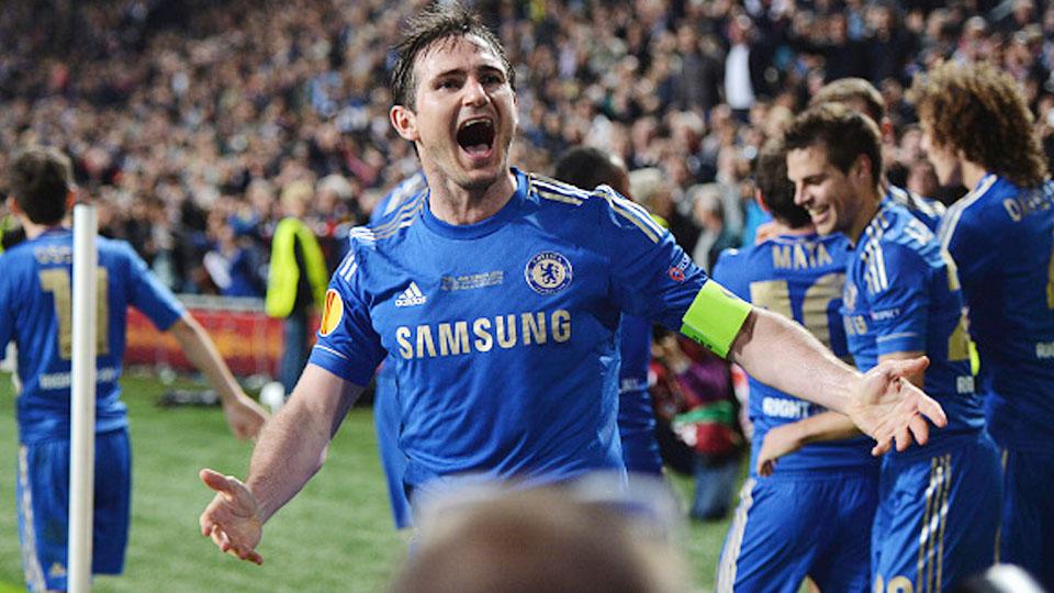 Frank Lampard merayakan golnya saat laga melawan Benfica di final Liga Europa 2012/13.