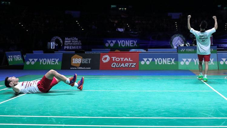 Pasangan Kevin Sanjaya Sukamuljo/Marcus Fernaldi Gideon berhasil lolos ke final All England 2017. Copyright: HUMAS PBSI