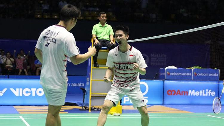 Marcus Fernaldi Gideon/Kevin Sanjaya Sukamuljo lolos ke final Malaysia Super Series Premier 2017. Copyright: HUMAS PBSI