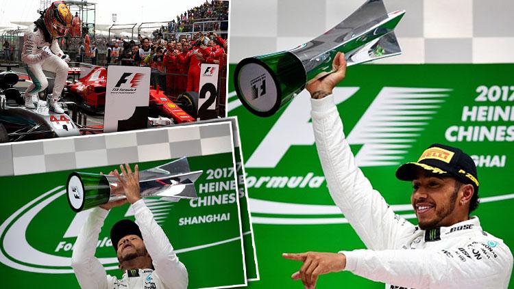 Pembalap Mercedes, Lewis Hamilton, keluar sebagai pemenang GP China. Copyright: INDOSPORT/Getty Images