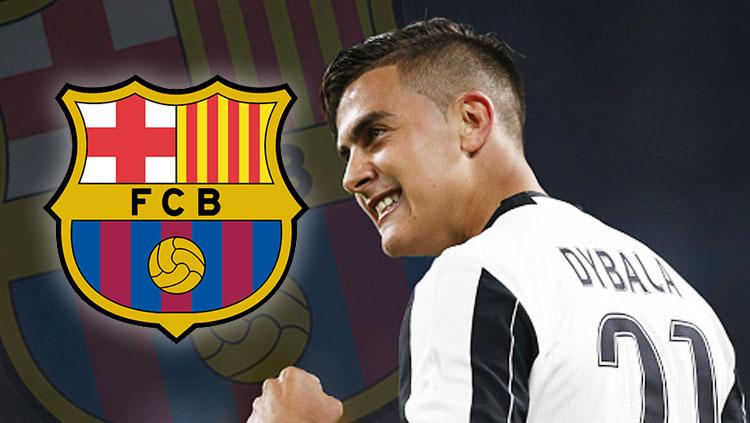 Paulo Dybala dan logo Barcelona. Copyright: MARCO BERTORELLO/AFP/Getty Imag