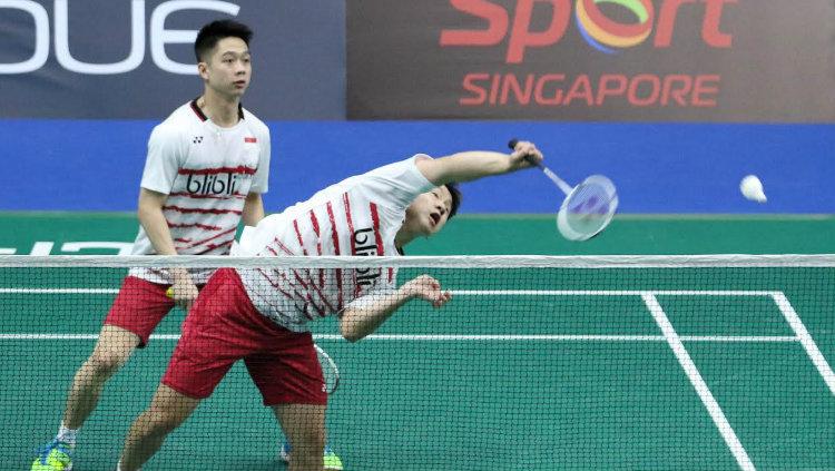 Kevin Sanjaya Sukamuljo/Marcus Fernaldi Gideon beraksi di Singapore Open 2017. Copyright: Humas PBSI