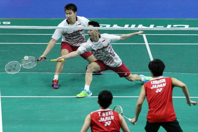 Kevin Sanjaya Sukamuljo/Marcus Fernaldi Gideon beraksi di Singapore Open 2017. Copyright: Humas PBSI