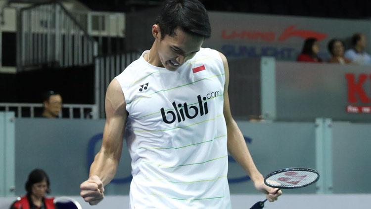 Selebrasi Jonatan Christie usai meraih kemenangan. Copyright: HUMAS PBSI