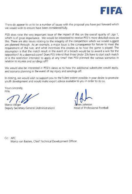 Surat balasan FIFA untuk PSSI Copyright: PSSI