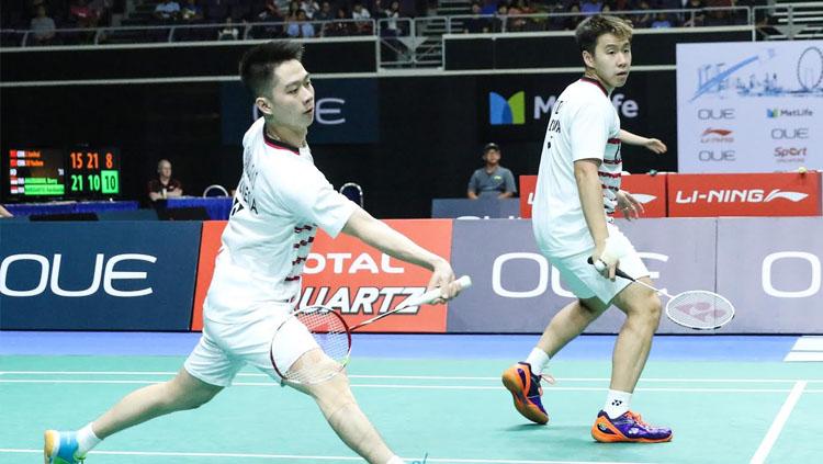 Aksi Kevin Sanjaya Sukamuljo/Marcus Fernaldi Gideon di Singapore Open Super Series 2017. Copyright: Humas PBSI