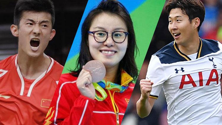 Kiri-kanan: Chen Long, Fu Yuanhui, dan Son Heung-min.