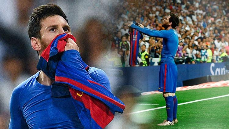 Aksi Lionel Messi melakukan selebrasi di hadapan fans Real Madrid.