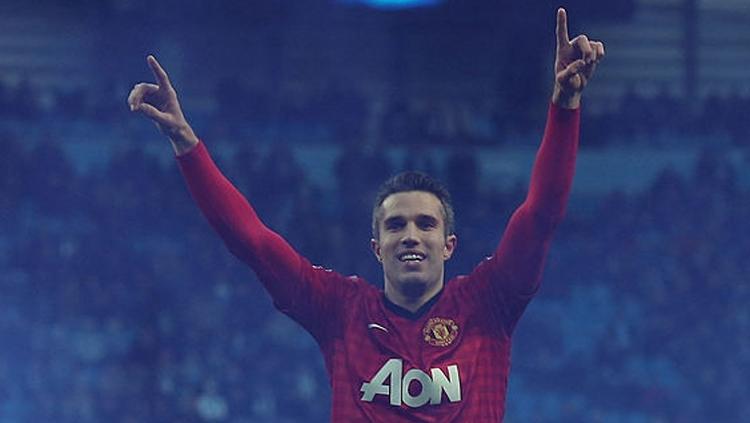 Selebarsi Van Persie setelah robek gawang Man City. Copyright: John Peters/Man Utd via Getty Images