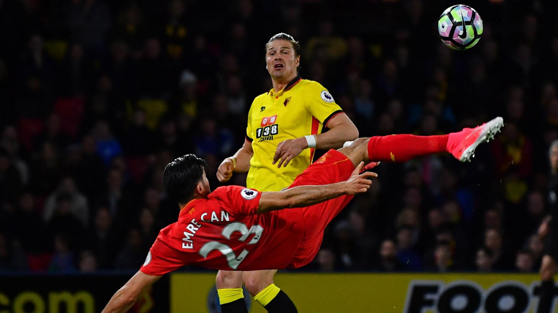 Emre Can mencetak gol melalui tendangan saltonya, ketika melawan Watford. - INDOSPORT