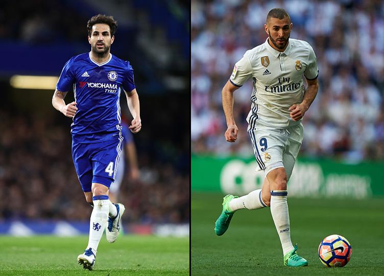 Playmaker Chelsea, Cesc Fabregas (kiri) dan striker Real Madrid, Karim Benzema menjadi incaran utama bagi AC Milan. Copyright: Fotopress/Chris Brunskill Ltd/Getty Images