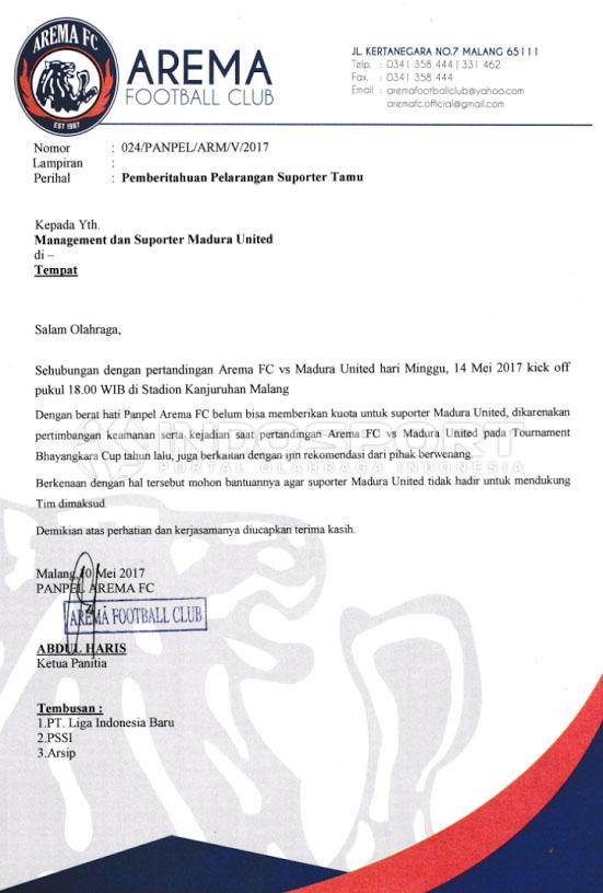 Arema FC, Surat Pemberitahuan larangan Suporter Tamu Copyright: Ian Setiawan/Indosport