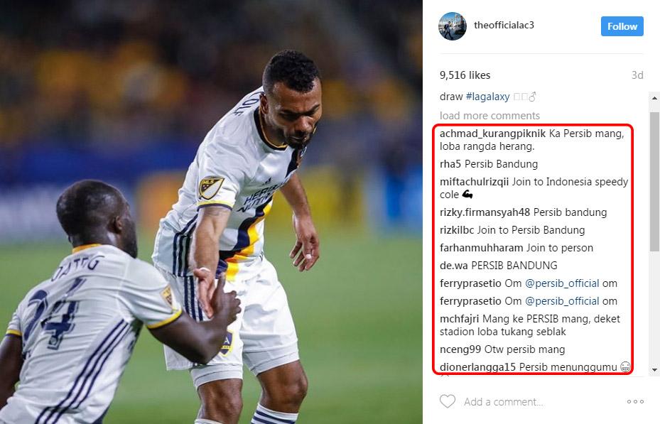 Instagram Ashley Cole dipenuhi dengan komentar para Bobotoh, fans Persib Bandung. Copyright: Instagram Ashley Cole