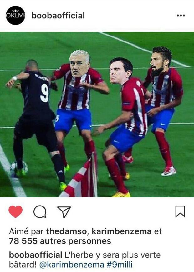 Karim Benzema terlihat menyukai posting-an foto yang meledek Didier Deschamps. Copyright: Internet/Metro.co.uk