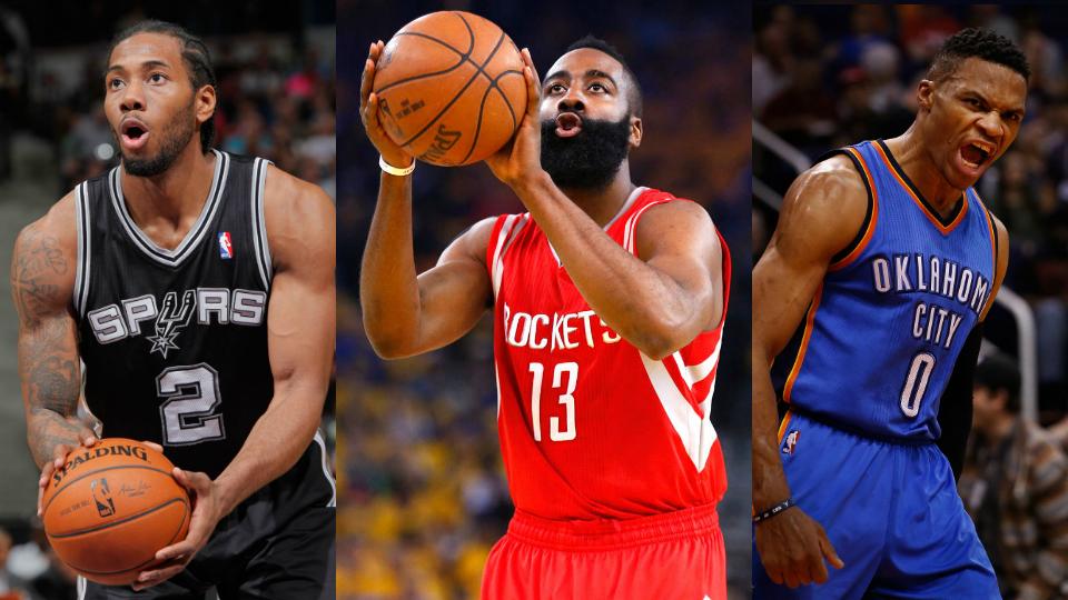 Kawhi Leonard, James Harden, dan Russell Westbrook. Copyright: Rocky Widner/NBAE via Getty Images/Ezra Shaw/Getty Images/sportsngiggles.com/