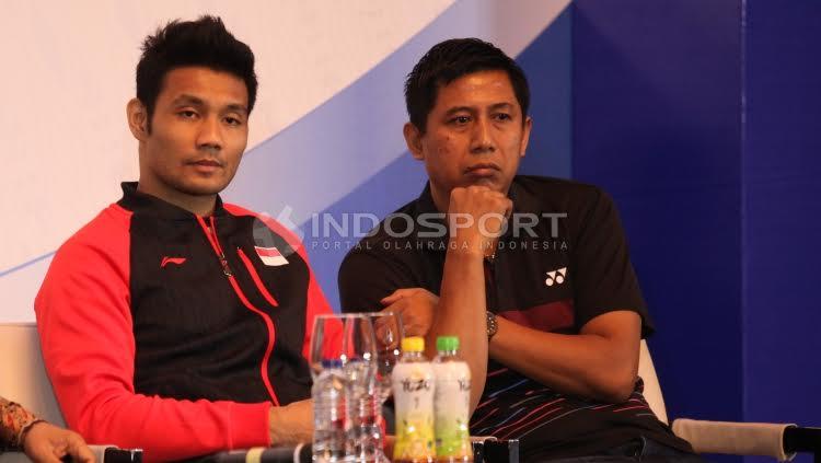 Berry Angriawan nampak serius saat sesi konferensi pers jelang bergulirnya Indonesia Open 2017.