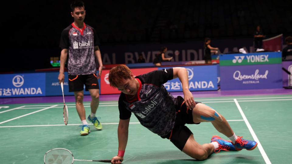 Kevin Sanjaya Sukamuljo/Marcus Fernaldi Gideon di ajang Piala Sudirman 2017 saat melawan Denmark. Copyright: Humas PBSI