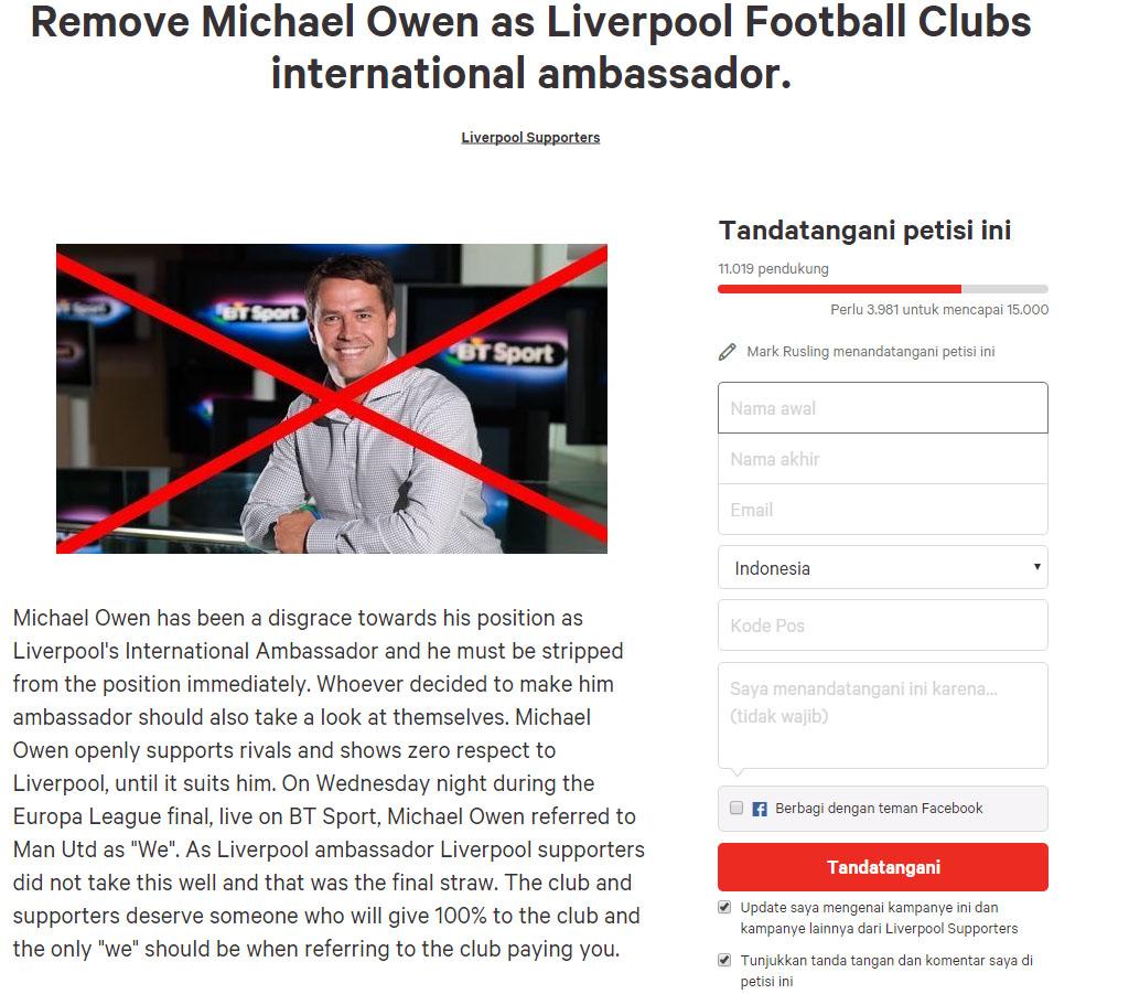Mantan penyerang Liverpool, Michael Owen. Copyright: change.org