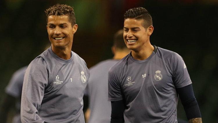 Bintang Real Madrid, Cristiano Ronaldo dan James Rodriguez. Copyright: Ian MacNicol/Getty Images