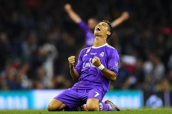 Ekspresi kegembiraan Cristiano Ronaldo usai Real Madrid dipastikan menjadi juara Liga Champions 2016/17. Copyright: INDOSPORT