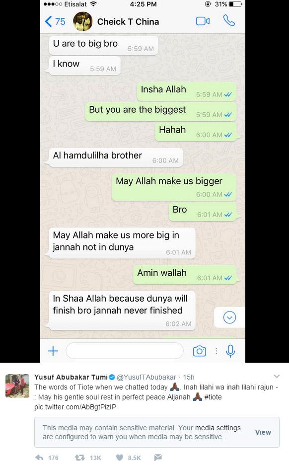 Hasil percakapan terakhir antara Tiote dengan Yusuf Abubakar Tumi. Copyright: Twitter Yusuf Abubakar Tumi