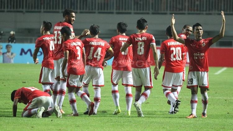 Pemain Persija Jakarta merayakan gol Bruno Lopes.