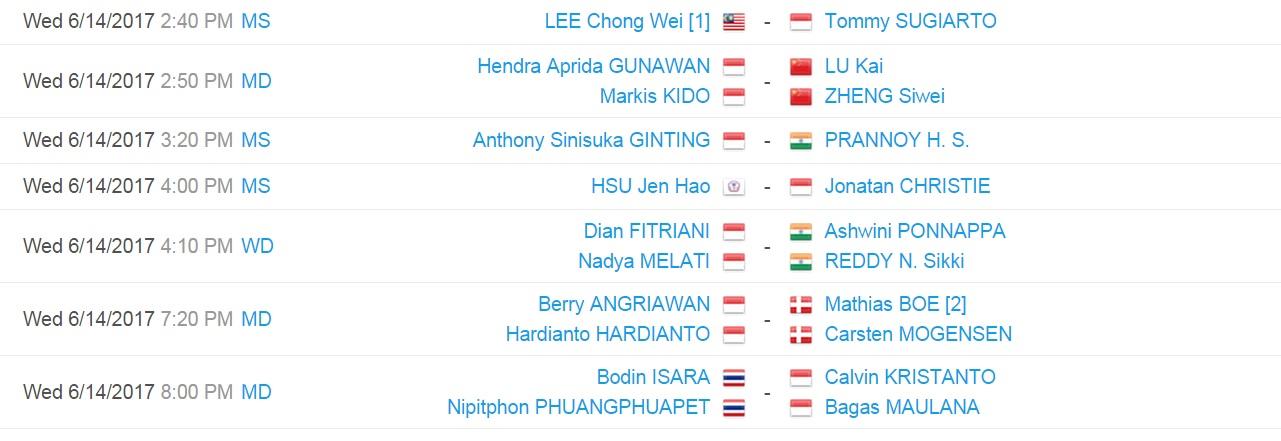 Jadwal wakil Indonesia di hari ketiga Indonesia Open 2017. Copyright: tournament software