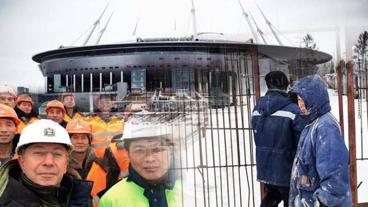 Buruh Korea Utara yang merenovasi Stadion Zenit demi persiapan Piala Dunia 2018 Rusia. - INDOSPORT