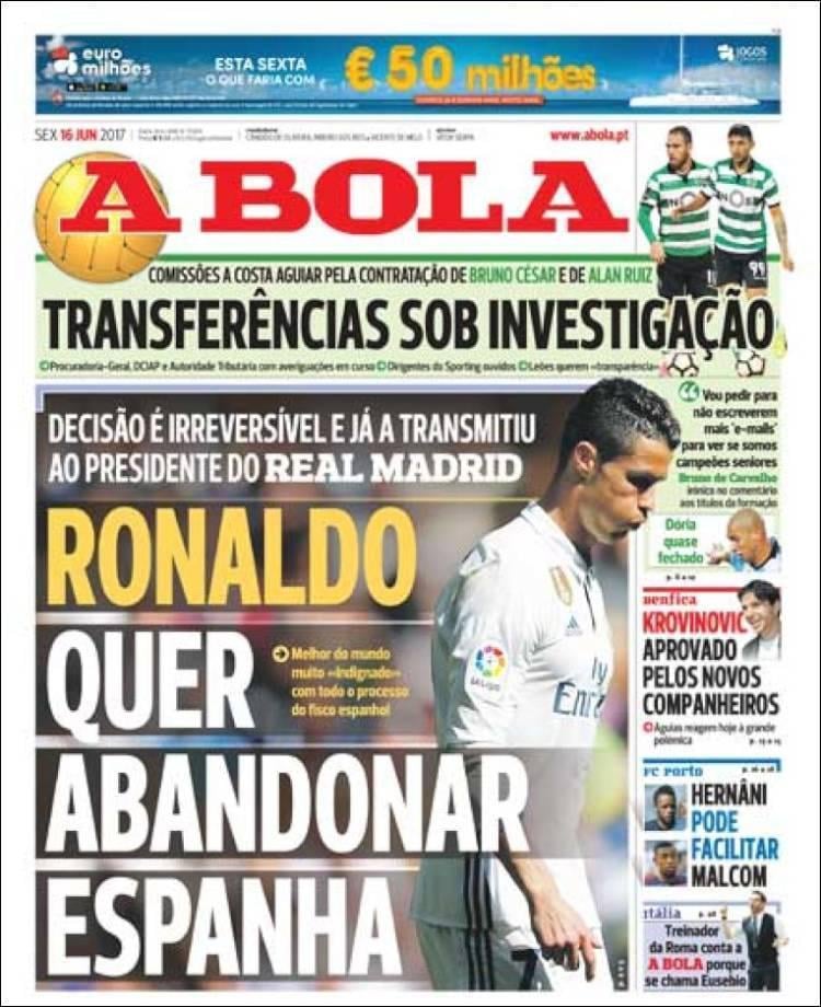 Media A Bola memberitakan Cristiano Ronaldo akan meninggalkan Real Madrid. Copyright: The Sun